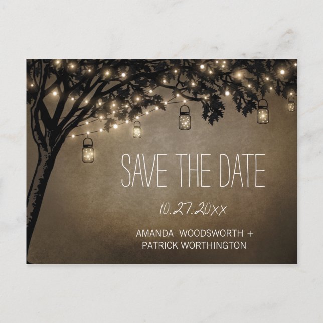 Vintage Mason Jar Oak Tree Save The Date Cards (Front)