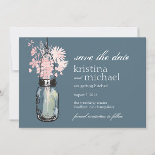 Vintage Mason Jar & Wild Flowers Save the Date