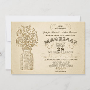 vintage mason jar wildflowers wedding invitation
