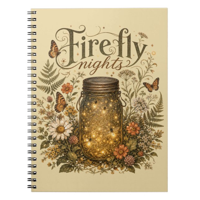 Vintage Mason Jar with Glowing Fireflies Notebook (Front)
