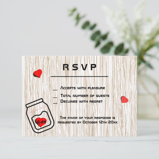 Vintage mason jar wood grain theme RSVP card (Standing Front)