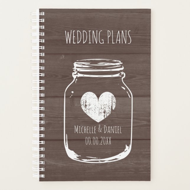 Vintage mason jar wood panel background wedding planner (Front)