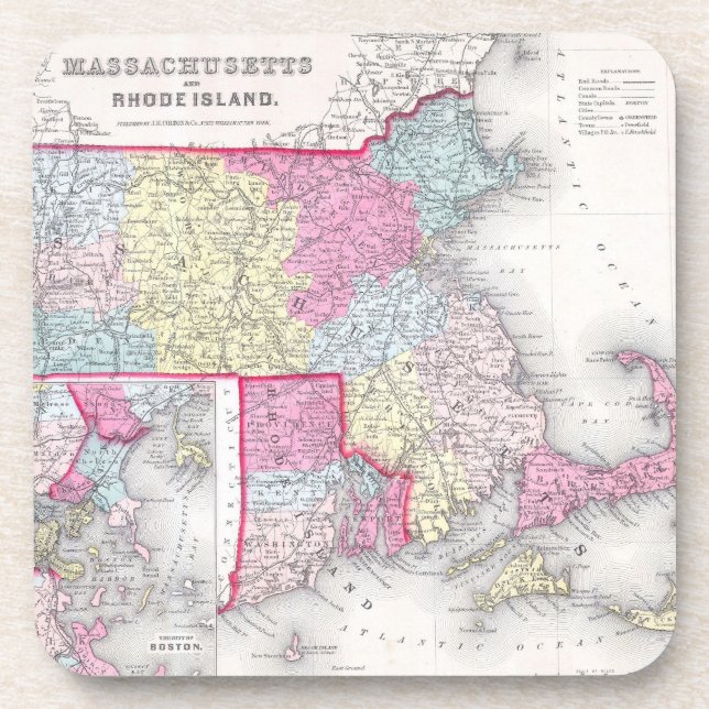 Vintage Massachusetts and Rhode Island Map (1855) Coaster (Front)