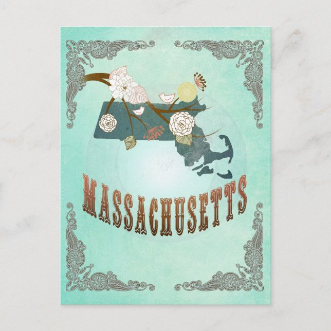 Vintage Massachusetts State Map – Turquoise Blue Postcard (Front)