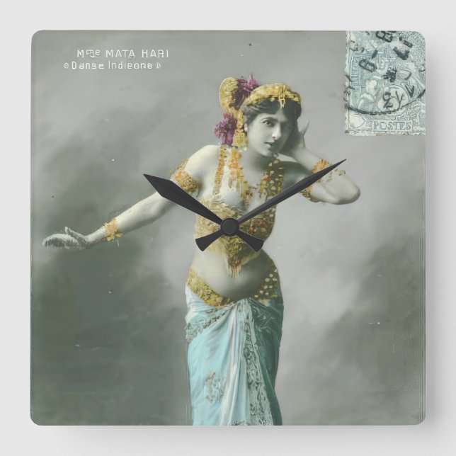 Vintage Mata Hari Postcard Square Wall Clock (Front)