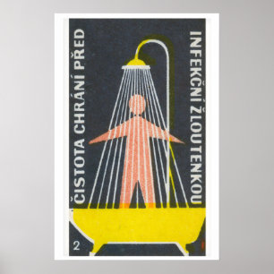 Vintage Matchbox Print Person Under Shower, Czech