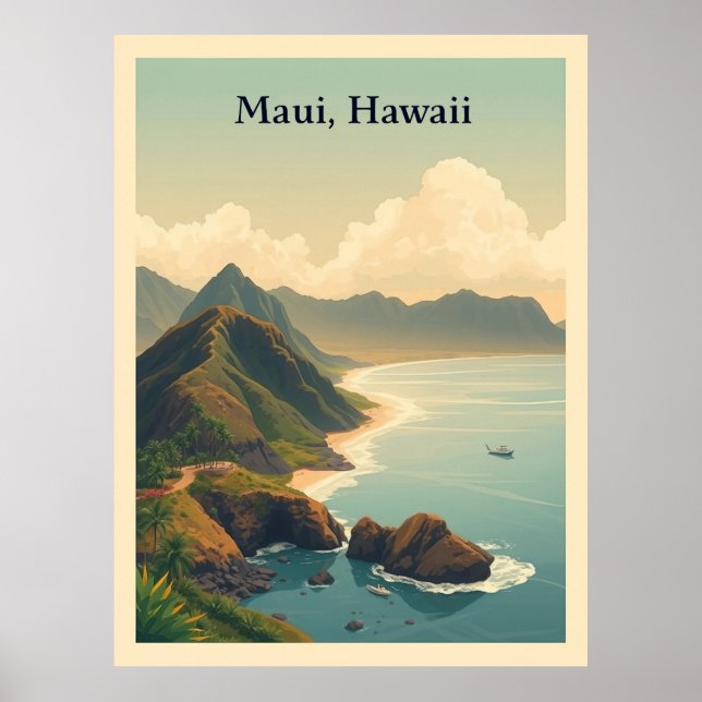 Vintage Maui, Hawaii Travel Illustration Poster (Front)