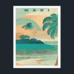 Vintage Maui Tropical Island Travel Postcard<br><div class="desc">Retro style hand painted vintage style travel poster of Maui in Hawaii. Features aqua blues and greens,  with sandy tones and Palm trees.</div>