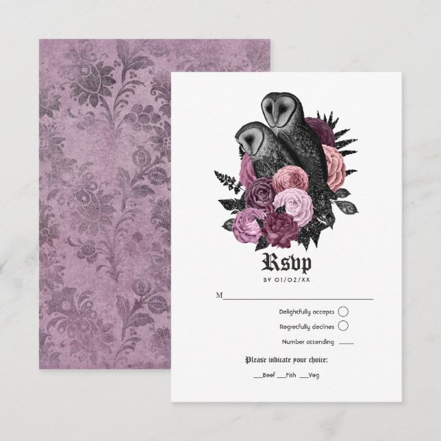 Vintage Mauve Owls Gothic Wedding RSVP Card (Front/Back)