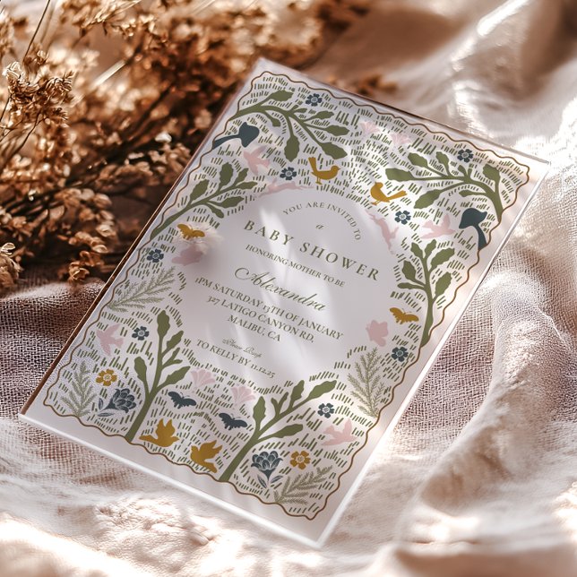 Vintage Meadow Folk Baby Shower Acrylic Invitations (Creator Uploaded)
