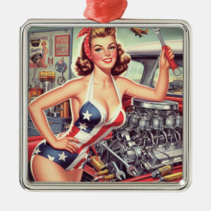 Vintage Mechanic Pin-up Metal Ornament