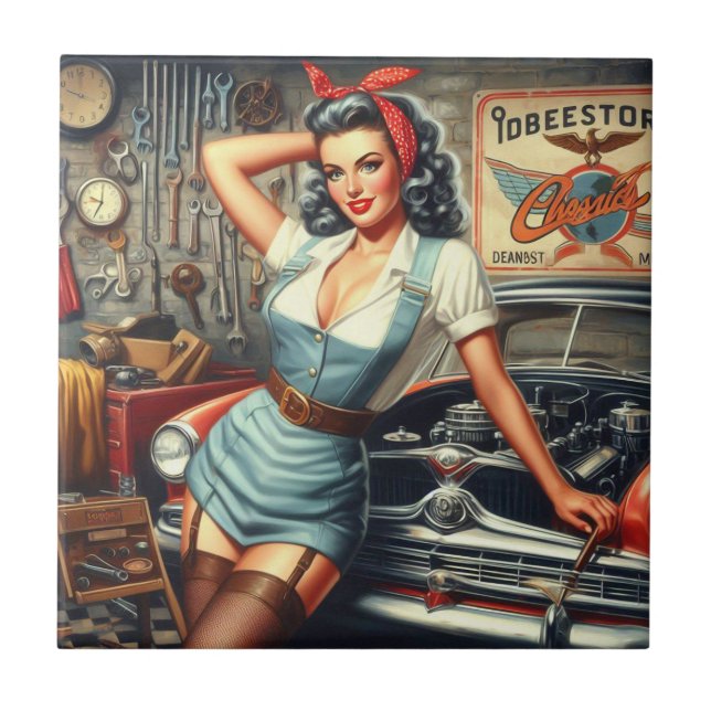 Vintage Mechanic Pin Up Tile (Front)