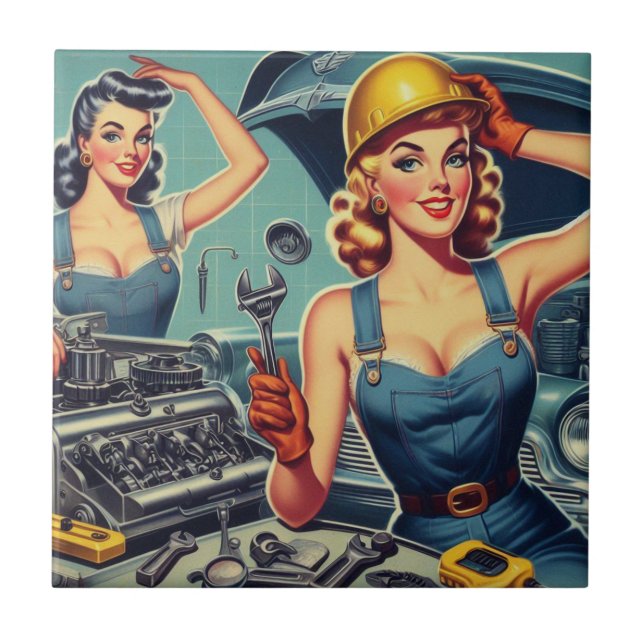 Vintage Mechanic Pin Up Tile (Front)