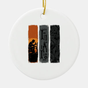 Vintage Mechanic Tools Gear Triptych Shirt Design_ Ceramic Ornament