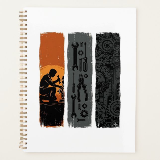 Vintage Mechanic Tools Gear Triptych Shirt Design_ Planner (Front)
