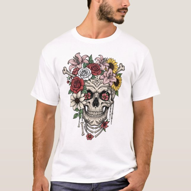 Vintage medical anatomy skull flower T-Shirt (Front)