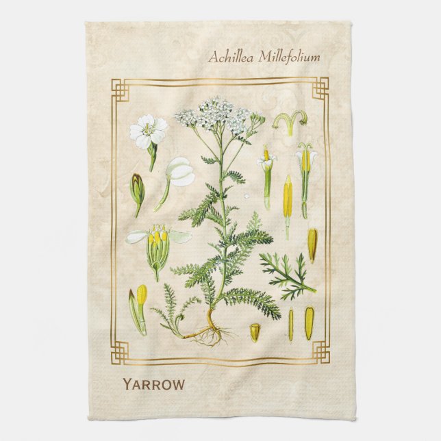 Vintage Medicinal Herb Yarrow Flower Botanical Kitchen Towel (Vertical)
