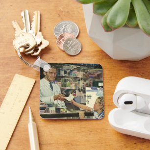 Vintage Medicine, Pharmacist and Girl at Pharmacy Keychain