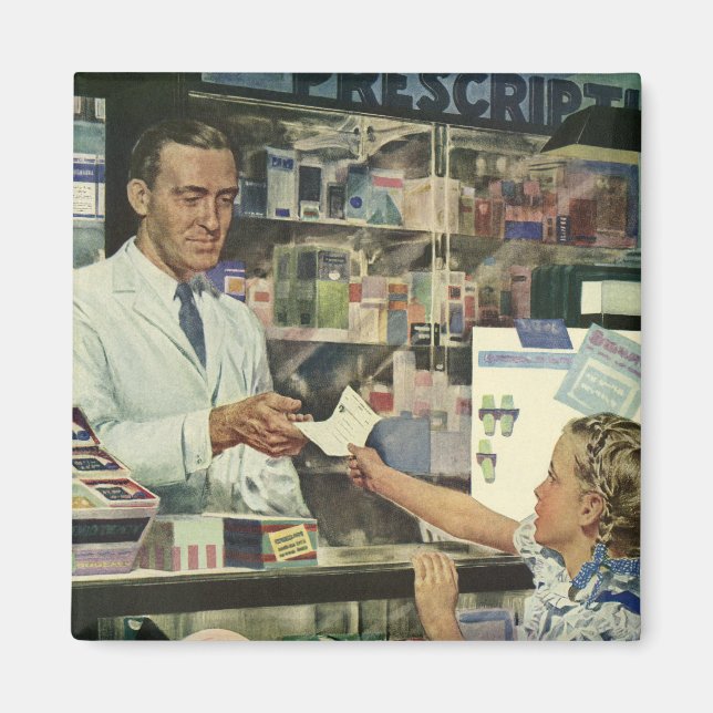 Vintage Medicine, Pharmacist and Girl at Pharmacy Magnet (Front)
