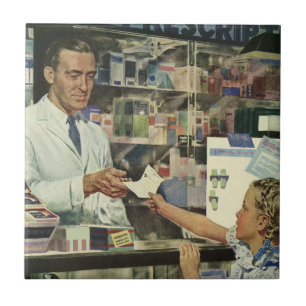 Vintage Medicine, Pharmacist and Girl at Pharmacy Tile