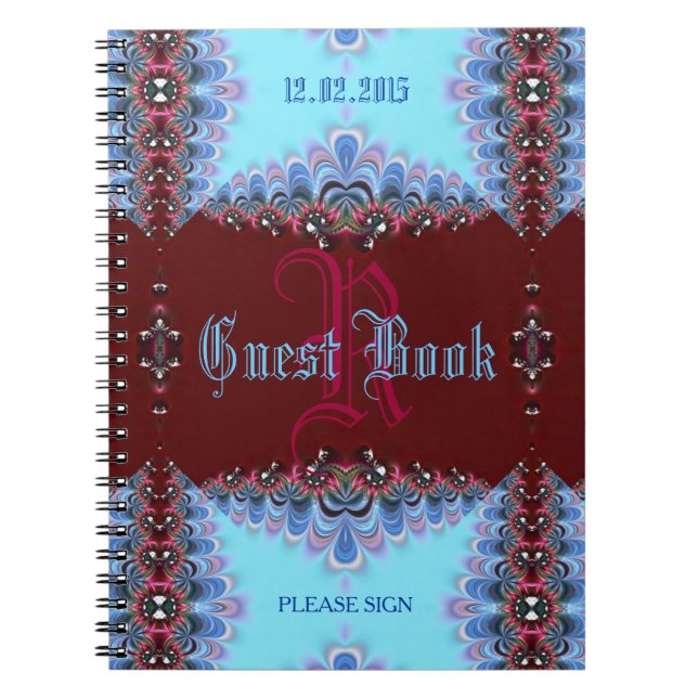 Vintage Medieval Blue Red Lacy Monogram Guest Book (Front)