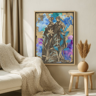 Vintage Medieval Couple Decoupage Poster with Blue