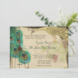 Vintage Medieval Peacock Birdcage Feather Wedding  Invitation