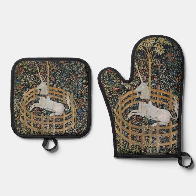 Vintage Medieval Unicorn in Captivity Art Oven Mitt & Pot Holder Set (Front)