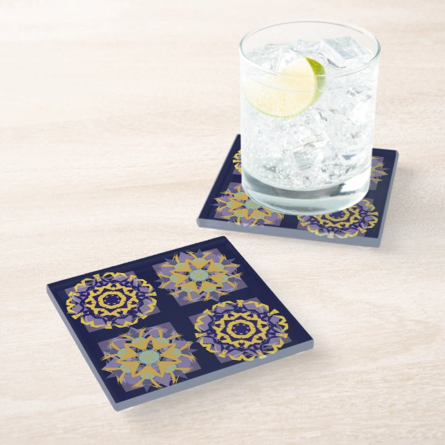 Vintage Mediterranean Blue Gold Tile Pattern Glass Coaster (Angled)