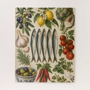 Vintage Mediterranean Food & Sardines Kitchen Post Jigsaw Puzzle