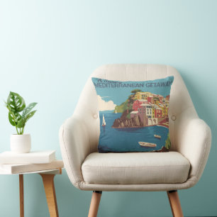 Vintage Mediterranean Getaway Travel Design Throw Pillow