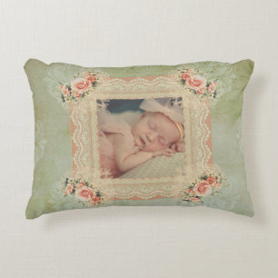 Vintage Memory Photo Smoky Green Antique Damask Accent Pillow