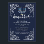 Vintage Menorah Hanukkah Celebration Invitation<br><div class="desc">Start your Holiday party off right with our elegant blue Hanukkah Celebration Party Invitation featuring a vintage frame showcasing a light blue menorah set on a navy blue background with modern typography. Make sure all your friends and family members are there to celebrate with you this holiday season! Hanukkah is...</div>