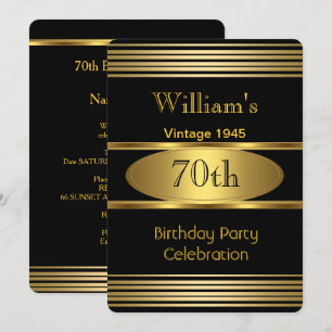 Vintage Mens 70th Birthday Party Gold Black 1945 Invitation