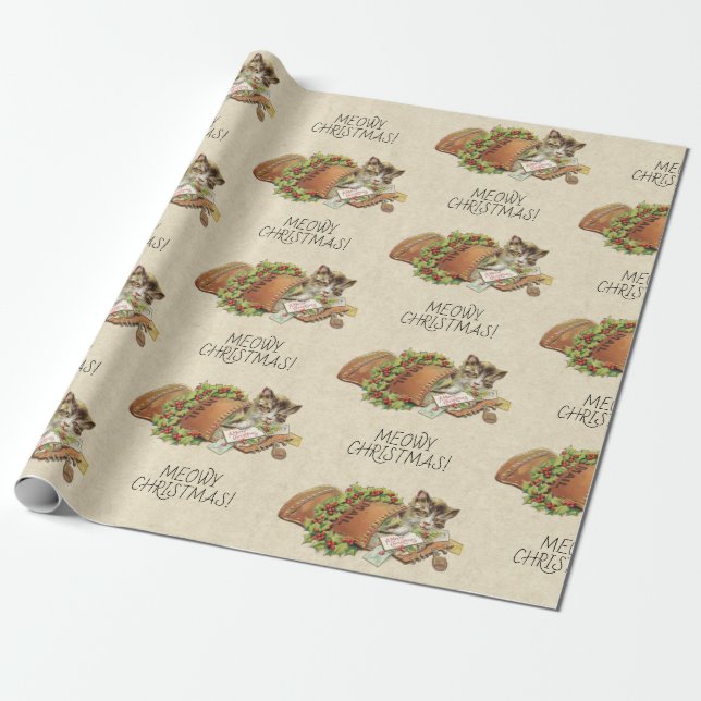 Vintage Meowy Christmas Cat Cute Pattern Wrapping Paper (Unrolled)