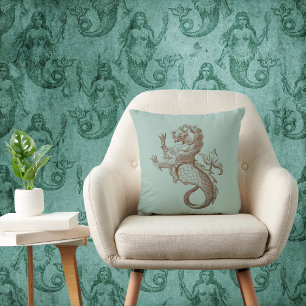 Vintage Mer-Lion Sea Legend on Seafoam Sage Green Throw Pillow