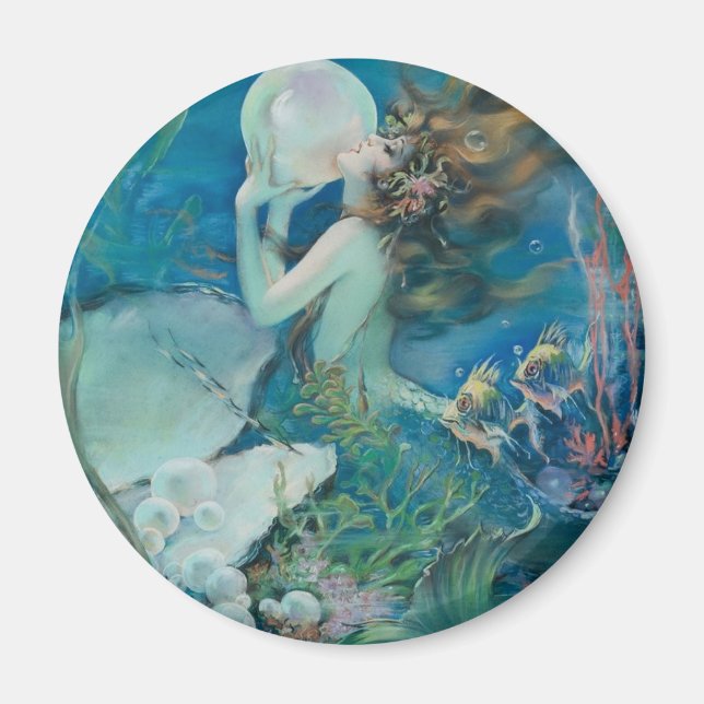 Vintage Mermaid Holding Pearl Magnet (Front)