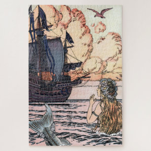Vintage Mermaid In Sea Looking At Sailing Ship Jigsaw Puzzle