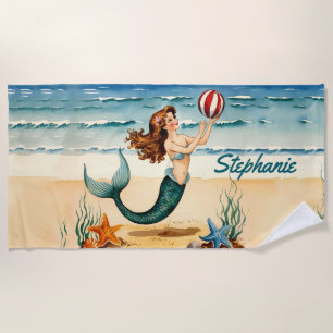 Vintage Mermaid Personalized Beach Towel