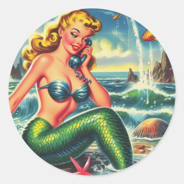 Vintage Mermaid Pin Up Classic Round Sticker (Front)