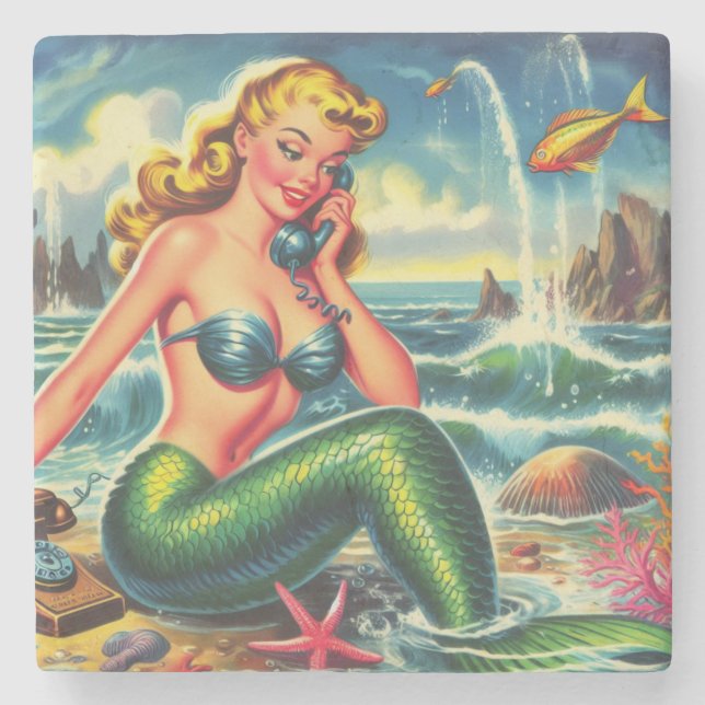 Vintage Mermaid Pin Up Stone Coaster (Front)