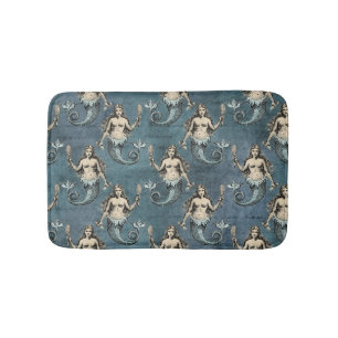 Vintage Mermaid Sea Creatures Ocean Blue Colour Bath Mat