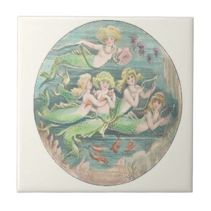 Vintage Mermaid Sisters Swimming with Goldfish Tile