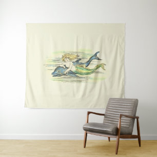 Vintage Mermaid Swimming with Dolphin Colorized  Tapestry