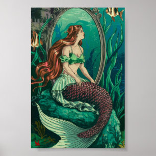 Vintage Mermaid Under the Sea Looking in Mirror Poster
