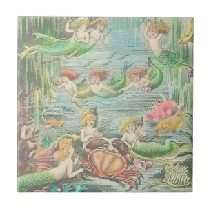 Vintage Mermaid with Crab and Fish Nautical Tile