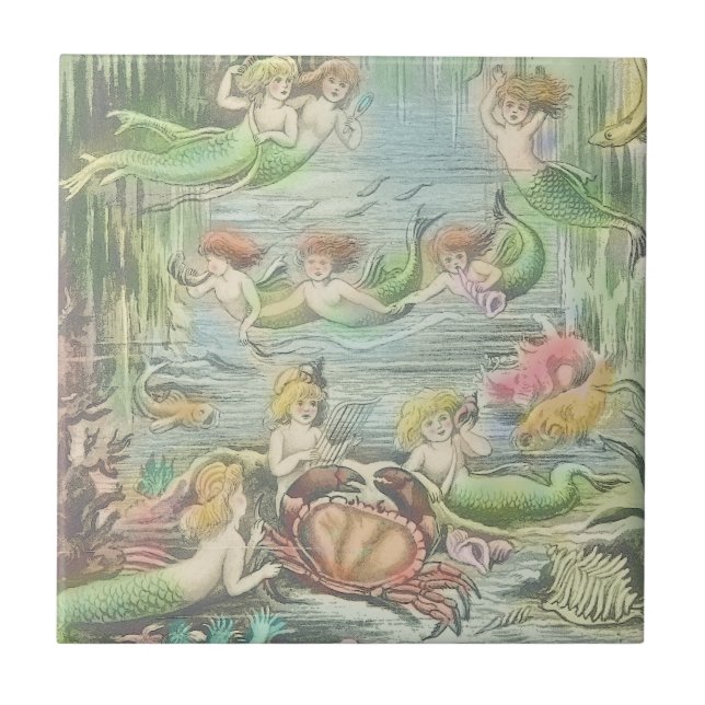 Vintage Mermaid with Crab and Fish Nautical  Tile (Front)