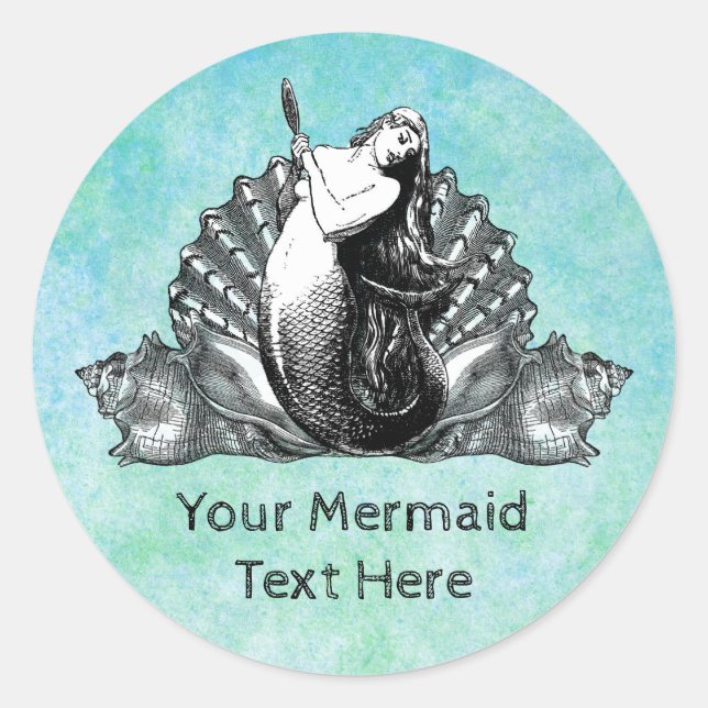 Vintage Mermaid with Seashells Classic Round Sticker (Front)