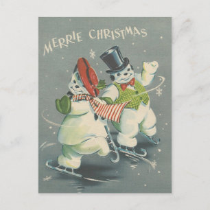 Vintage Merrie Christmas Snowman Couple Holiday Postcard