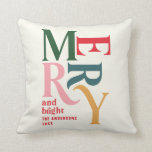 Vintage merry and bright colourful folded Chritsma Throw Pillow<br><div class="desc">Elegant vintage graphic typography merry chritsmas card in fun festive brights. Part of a bold fun holiday collection.</div>